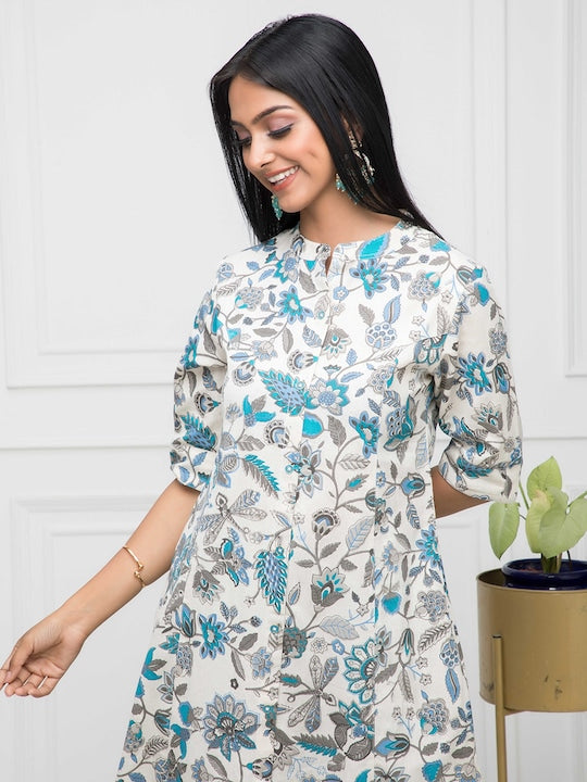 Myshka Floral Printed Mandarin Collar Cotton Kurta