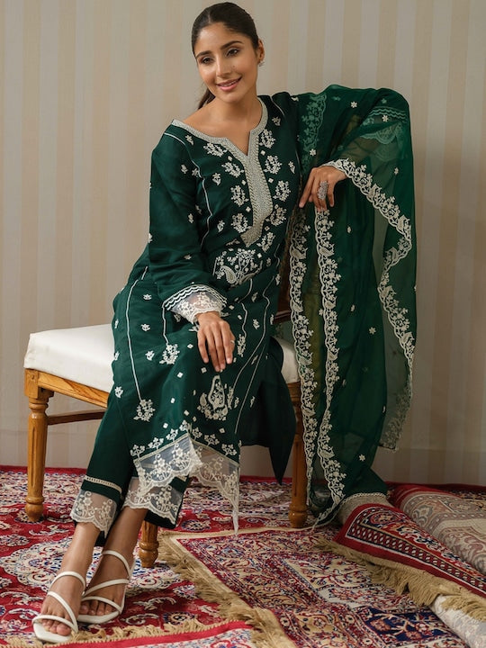 House of Pataudi Ethnic Motifs Embroidered Straight Kurta With Trouser & Dupatta Set