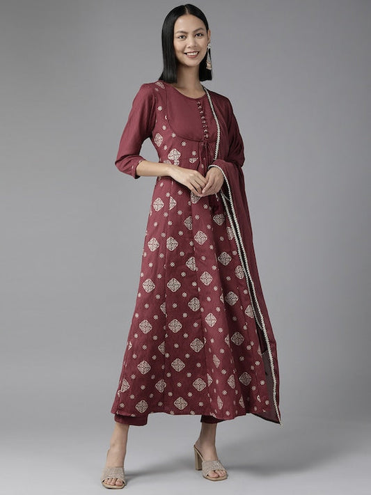 Yufta Women Burgundy Ethnic Motifs Printed Kurta with Trousers & With Dupatta