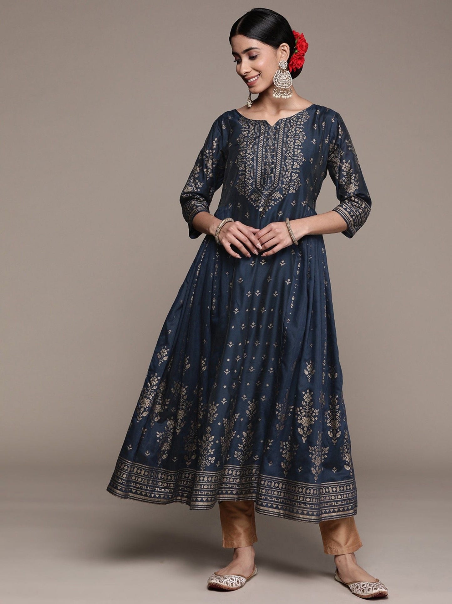 ISHIN Womens Silk Blend Teal Printed Anarkali Kurta