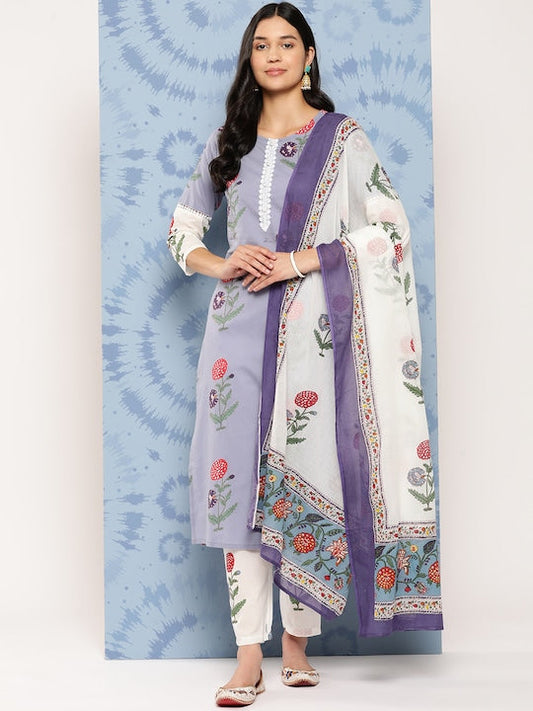 Yufta Floral Printed Regular Pure Cotton Kurta with Trousers & With Dupatta