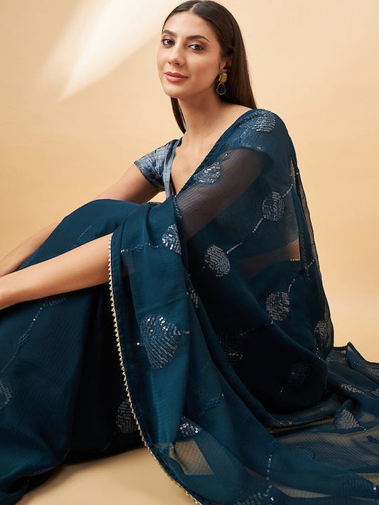 All about you Navy Blue Embellished Sequinned Pure Chiffon Saree