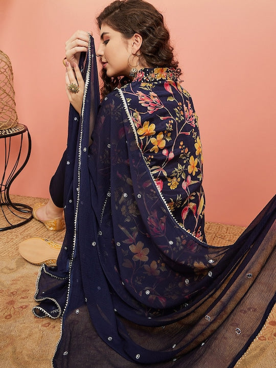 Sangria Navy Blue Floral Printed Mirror Work Straight Kurta With Trouser & Dupatta