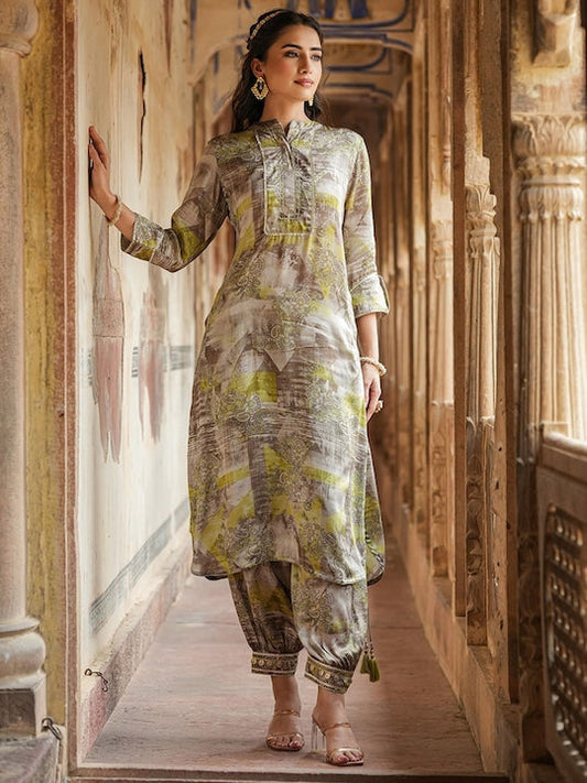 Scakhi Paisley Printed Regular Mandarin Collar Gotta Patti Satin Kurta with Patiala