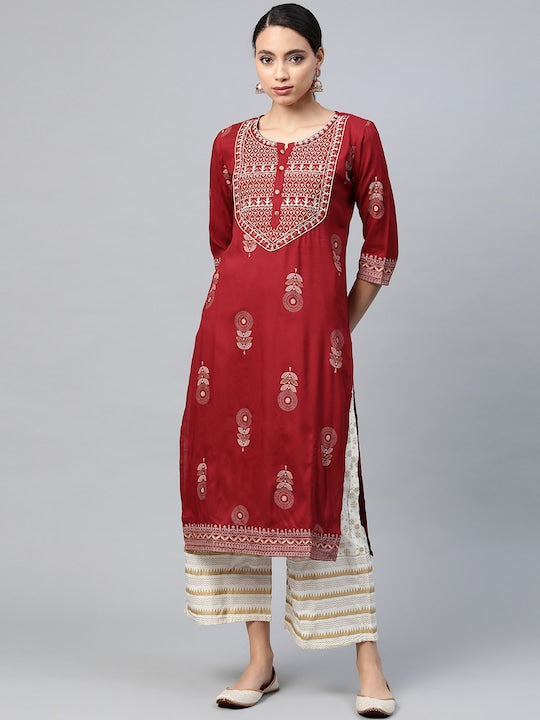 Anubhutee Women Maroon & White Ethnic Motifs Print Kurta with Palazzos