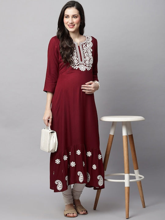 MomToBe Floral Embroidered Notched Neck Maternity A-Line Kurta