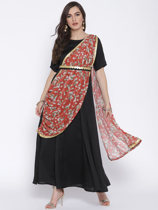 Ahalyaa Women's Black Poly Silk Kurta With Printed Dupatta