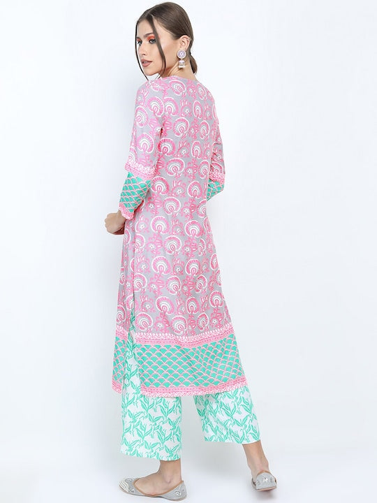 Vishudh Women Grey Floral Printed Straight Kurti with Trousers & With Dupatta