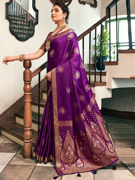 Satrani Purple & Gold Toned Floral Woven Design Zari Jacquard Banarasi Saree