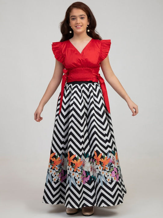 Bitiya by Bhama Girls Red & Black Printed Ready to Wear Lehenga Choli