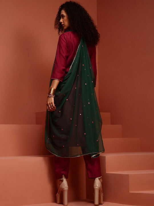 IMARA Ethnic Motifs Embroidered Gotta Patti Kurta With Trousers & Dupatta