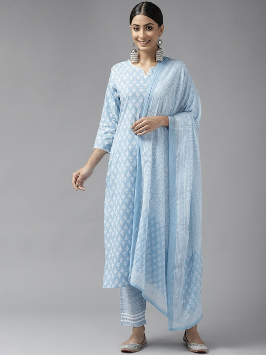Yufta Women Blue Ethnic Motifs Printed Pure Cotton Kurta with Trousers & Dupatta