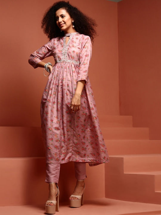 IMARA Floral Printed Empire Keyhole Neck Anarkali Kurta & Trousers With Dupatta