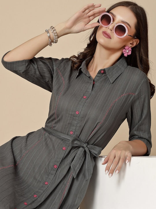 All about you Striped Shirt Colar Tie-Up Detail Cotton Shirt Dress