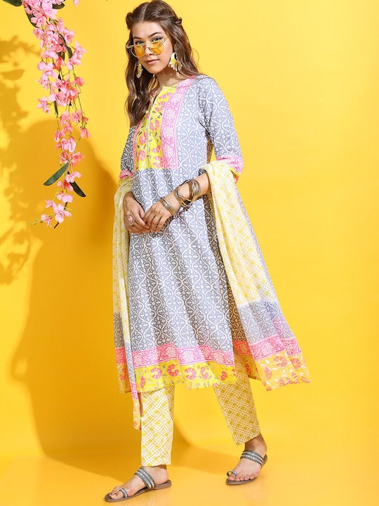 Vishudh Women Ethnic Motifs Pure Cotton Kurta with Trouser and Dupatta