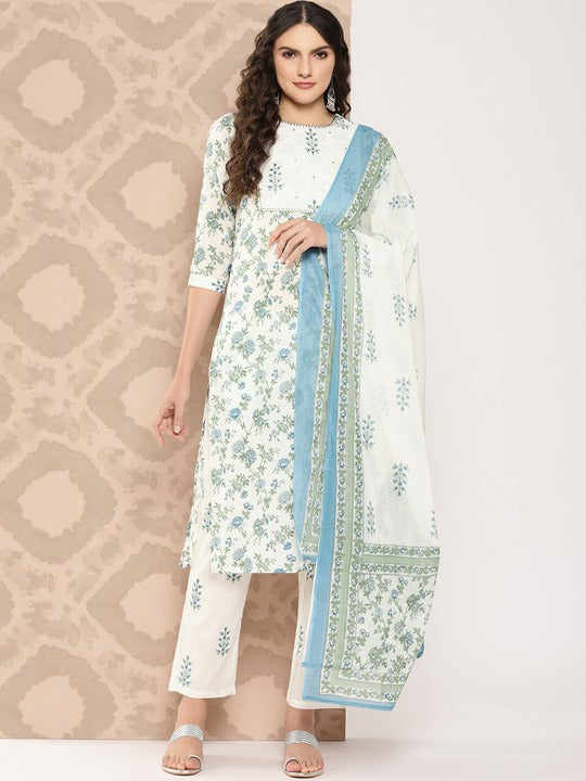 Yufta Women Floral Printed Regular Gotta Patti Pure Cotton Kurta with Trousers & Dupatta