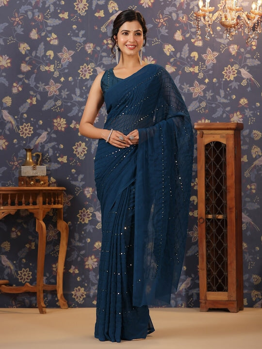 House of Pataudi Teal Striped Mirror Work Poly Georgette Saree