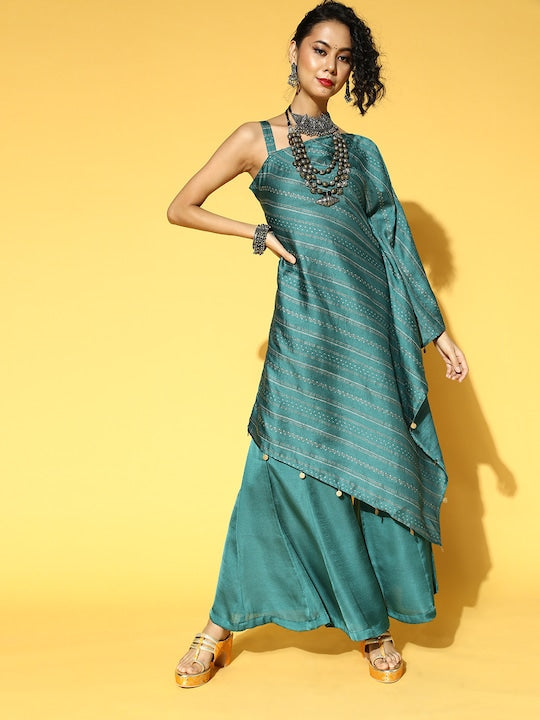 Yufta Striped Silk Blend All in the Details Kurta Set - L