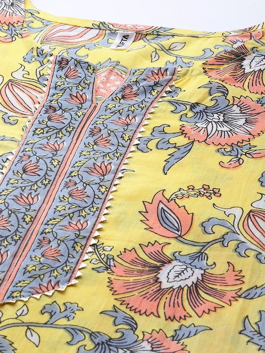 Yufta Women Yellow Floral Printed Regular Pure Cotton Kurta with Palazzos & With Dupatta
