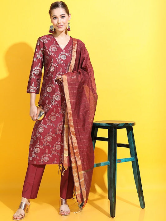 Vishudh Women Red Floral Kurta with Trousers & With Dupatta