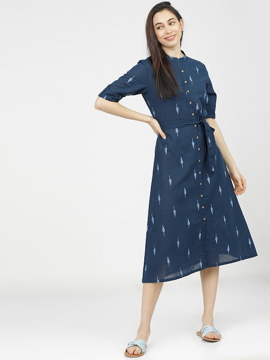 Vishudh Navy Blue Ethnic A-Line Midi Dress