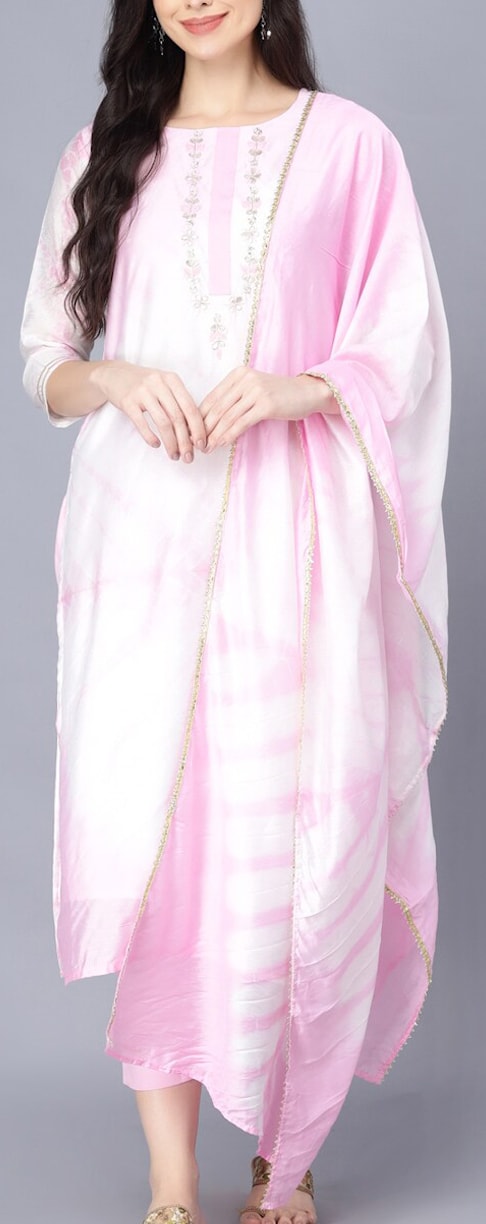 Myshka Women Pink Floral Yoke Design Kurta with Trousers & With Dupatta