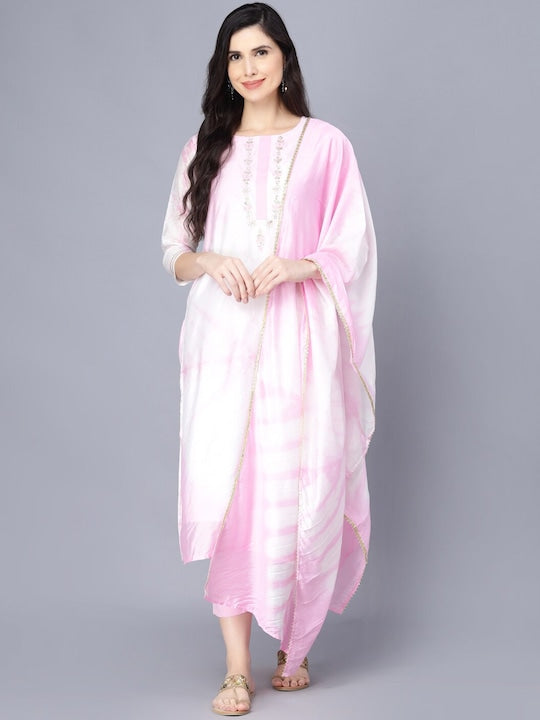 Myshka Women Pink Floral Yoke Design Kurta with Trousers & With Dupatta