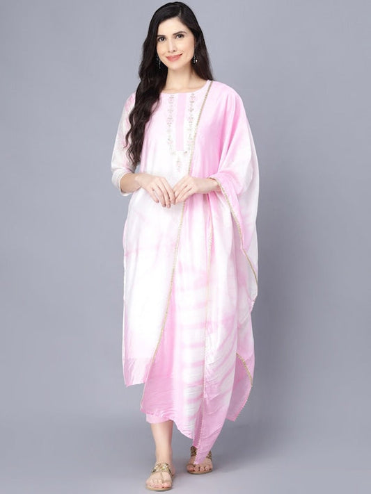 Myshka Women Pink Floral Yoke Design Kurta with Trousers & With Dupatta