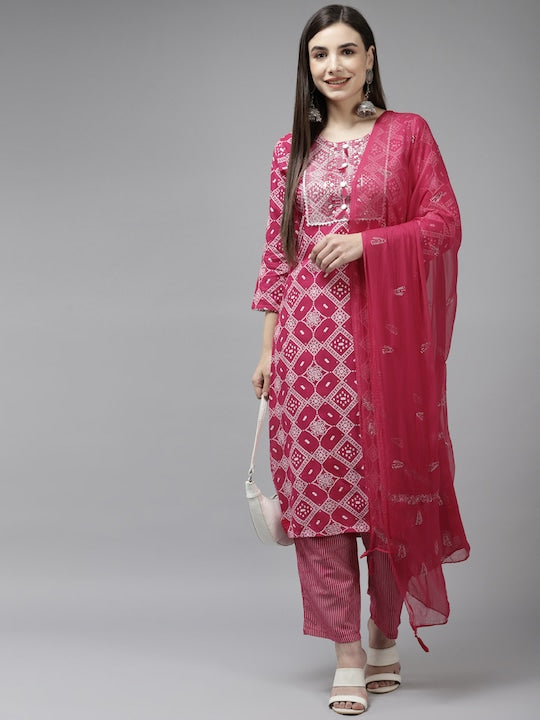 Yufta Women Fuchsia Pink & White Bandhani Sequinned Kurta with Trousers & With Dupatta