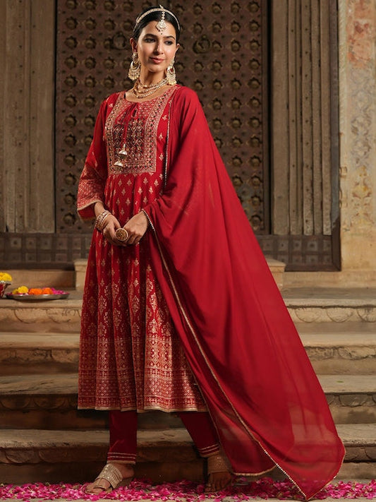 Scakhi Women Red Ethnic Motifs Printed Empire Gotta Patti Kurta with Trousers & With Dupatta