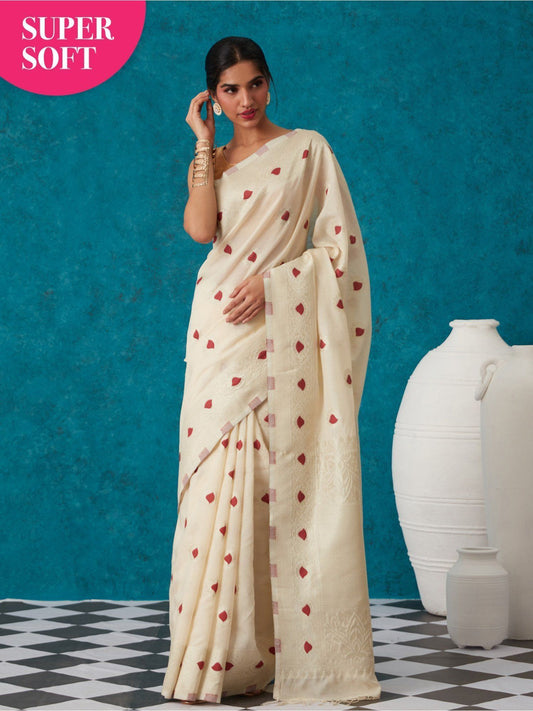 Likha White Liva Jacquard Textured Zari Saree With Unstitched Blouse LIKSAR31 (Free Size)