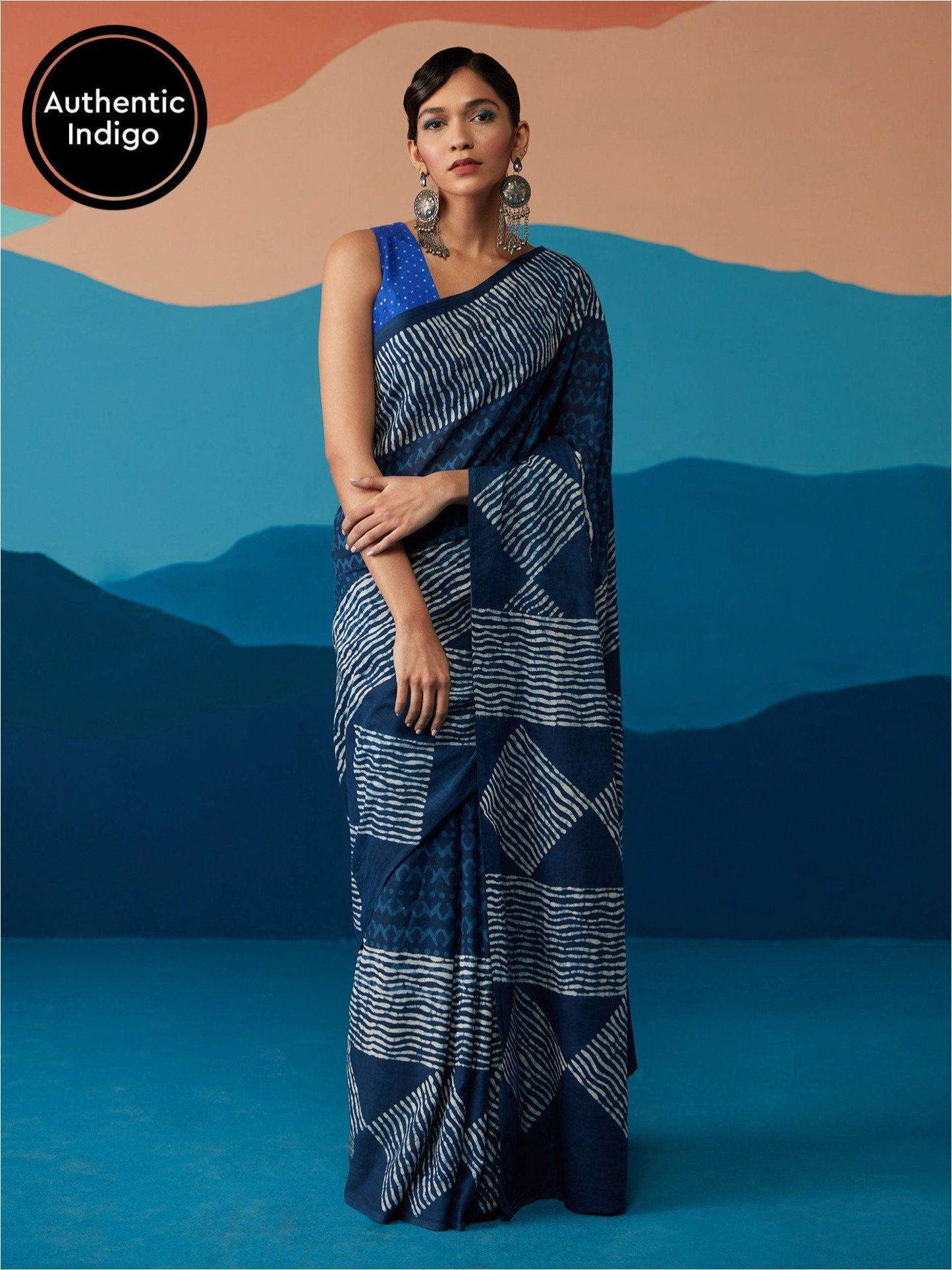 Likha Indigo Saga Blue Cotton Hand block Print Bagru Saree with Unstitched Blouse LIKSAR59 (Free Size)