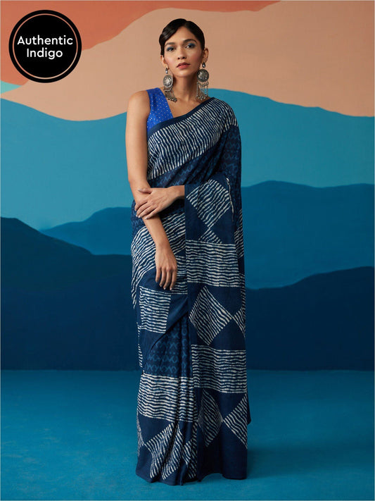 Likha Indigo Saga Blue Cotton Hand block Print Bagru Saree with Unstitched Blouse LIKSAR59 (Free Size)