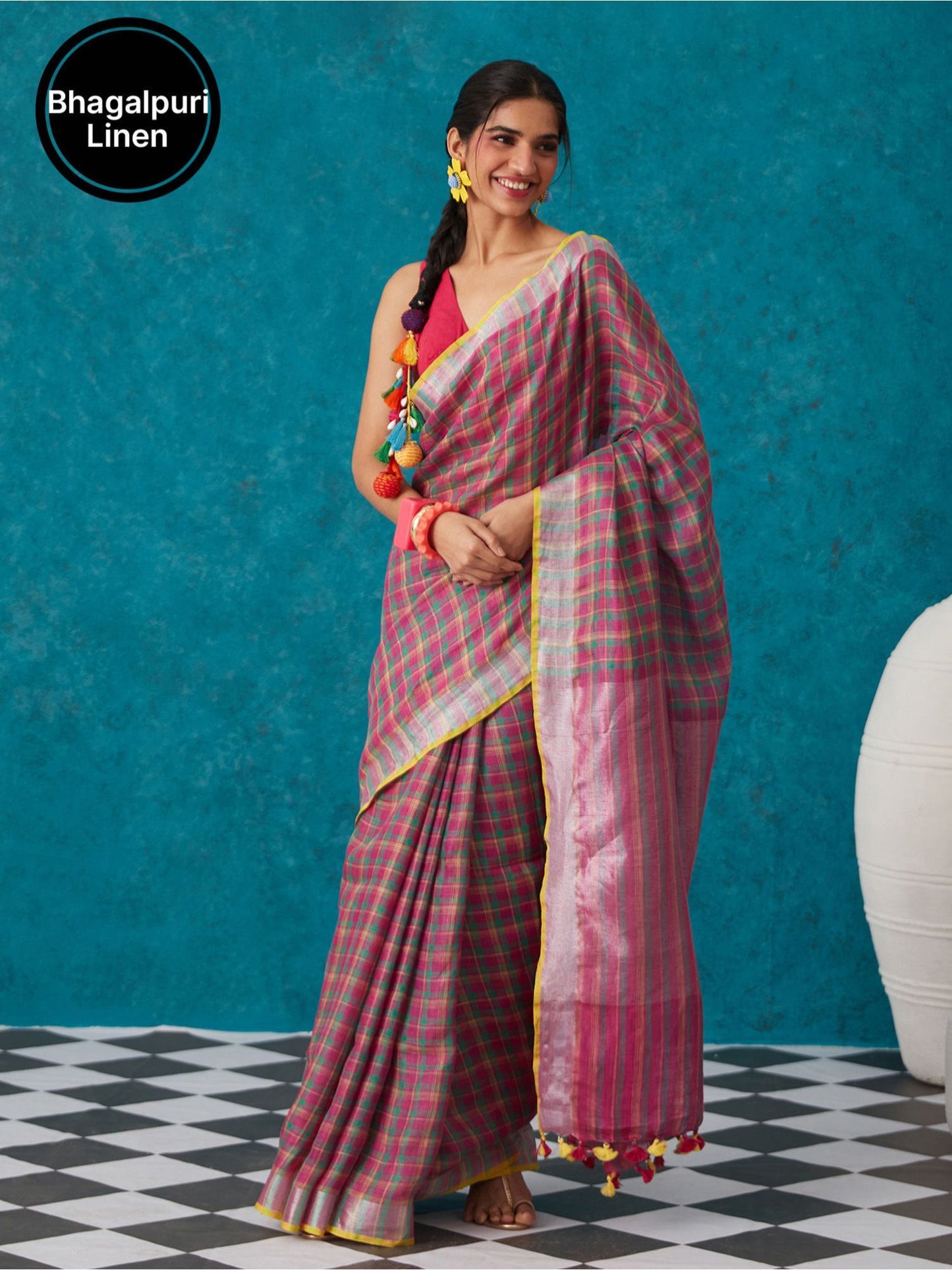Likha Pink Linen Zari Blend Bhagalpuri Saree with Unstitched Blouse LIKSAR73 (Free Size)