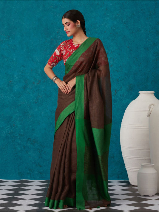Likha Brown Linen Zari Blend Bhagalpuri Saree with Unstitched Blouse LIKSAR77 (Free Size)