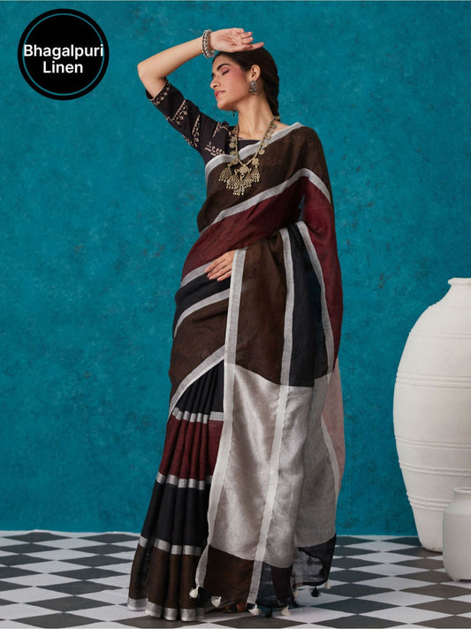 Likha Maroon Linen Zari Blend Bhagalpuri Saree with Unstitched Blouse LIKSAR85 (Free Size)