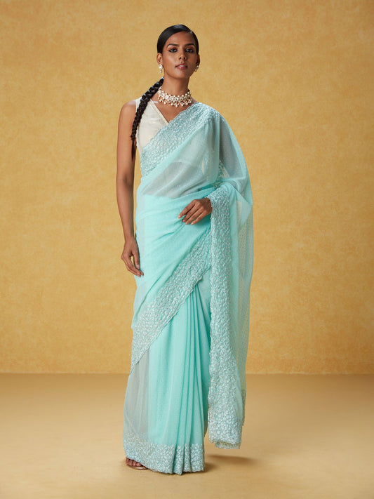 Likha Green Georgette Embroidered Saree with Scalloping and Unstitched Blouse LIKSAR98 (Free Size)