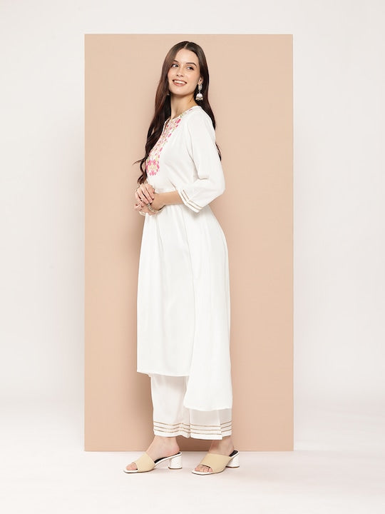 Here&now Floral Embroidered Gotta-Patti Detailed High-Low Kurta with Trousers