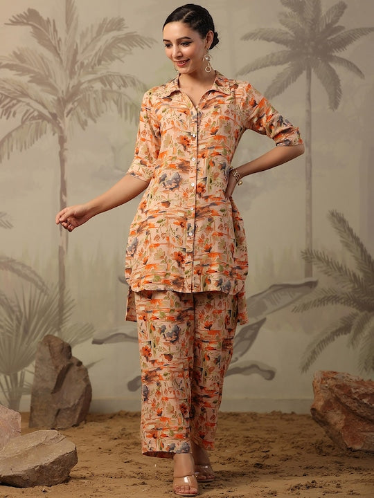 SCAKHI Absatrct Printed Shirt Collar High Low Hem Kurti With Palazzos