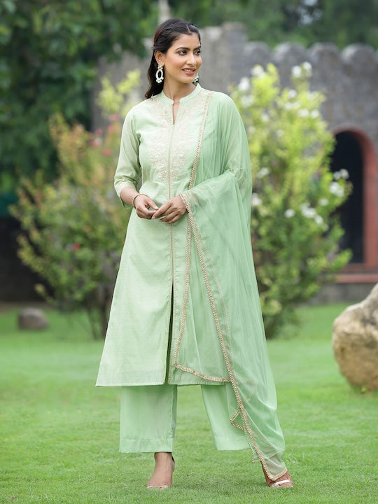 Juniper Women Green Floral Chanderi Silk Kurta with Palazzos & With Dupatta