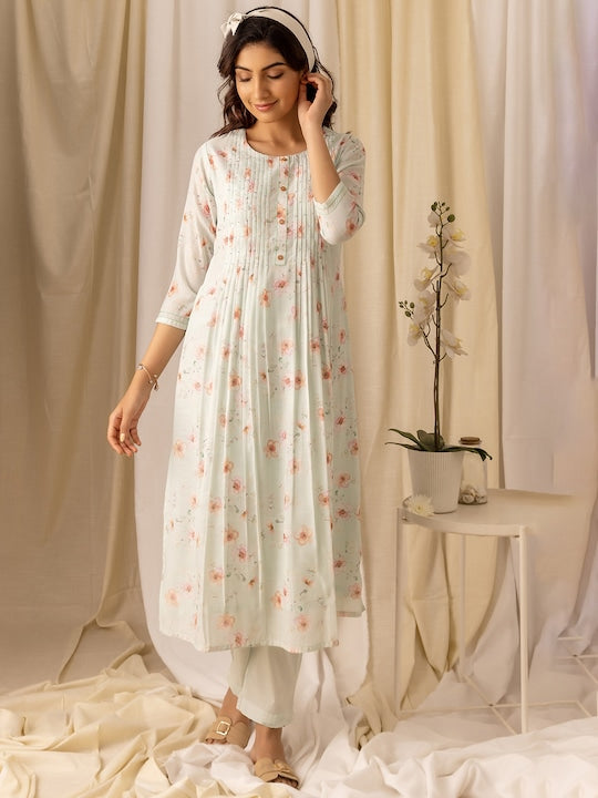 House of Pataudi Turquoise Blue Floral Printed Flared A-Line Kurta With Trouser & Dupatta