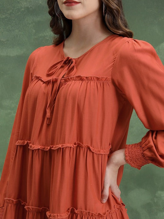 Vishudh Tie-Up Neck Cuffed Sleeves Tiered Detail A-Line Mini Dress