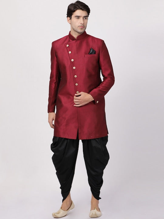 Vastramay Men Maroon Self-Design Sherwani Set