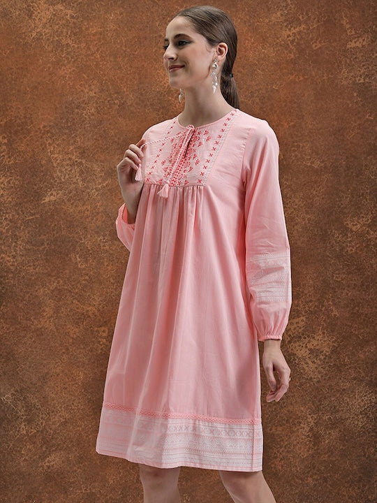 Vishudh Tie-Up Neck Long Sleeves Cotton Embroidered Midi A-Line Dress
