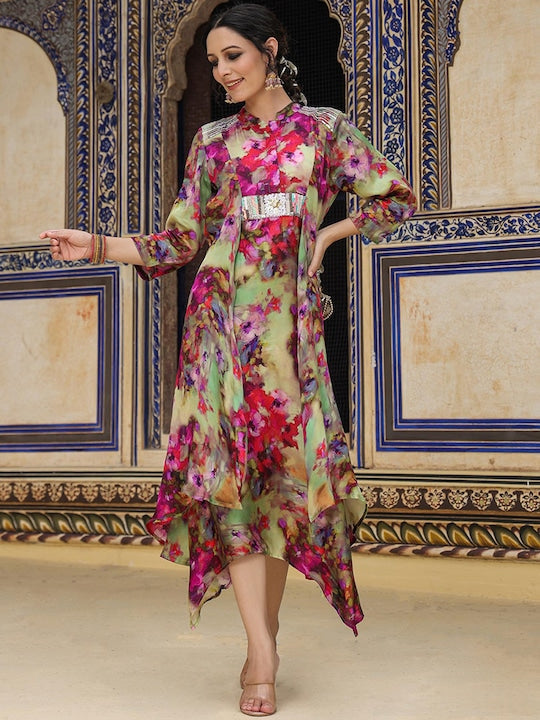 Scakhi Floral Printed Embroidered Detailed Silk A-Line Midi Ethnic Dress
