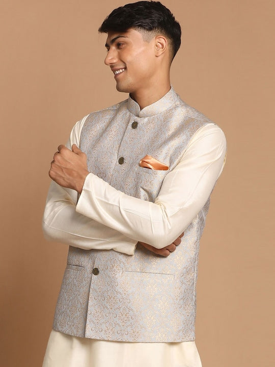 Vastramay Men Grey Woven-Design Silk Nehru Jacket