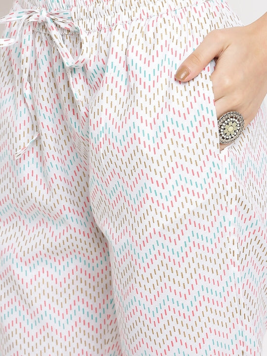 IMARA Floral Printed Mandarin Collar Lace Inserts Pure Cotton Kurta with Trousers