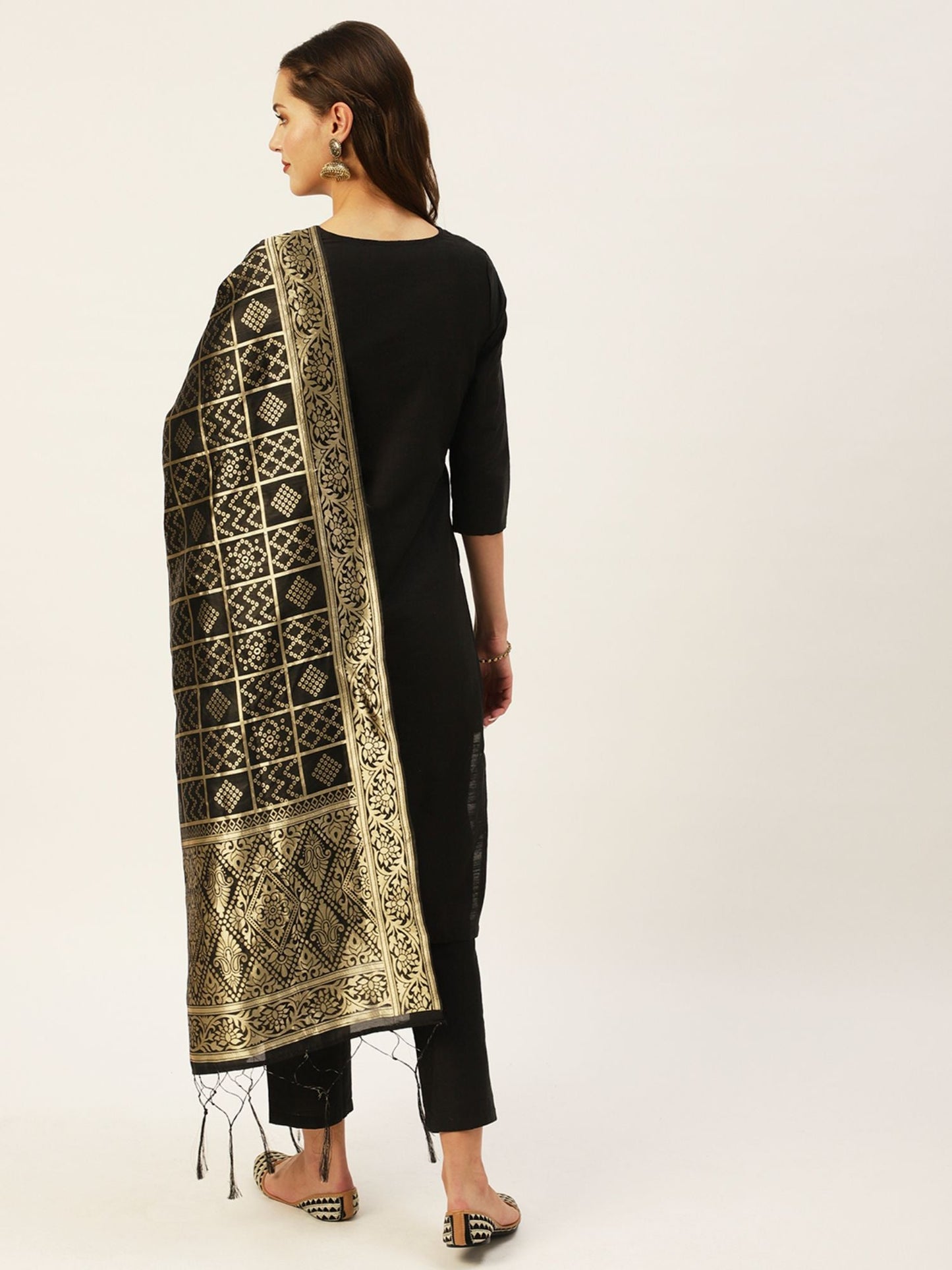 ISHIN Womens Black Yoke Embellished Straight Kurta with Trouser & Dupatta (Set of 3)