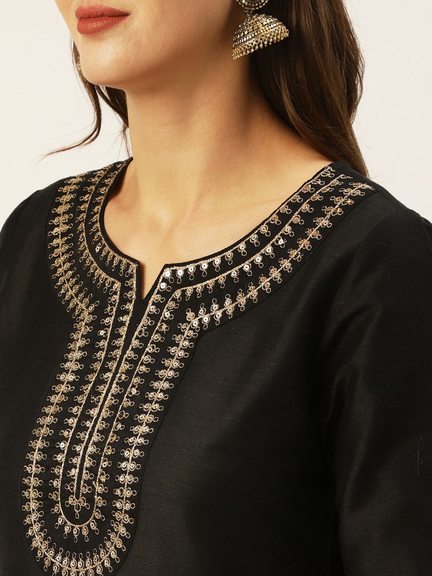 ISHIN Womens Black Yoke Embellished Straight Kurta with Trouser & Dupatta (Set of 3)