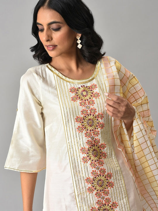 Aurelia Women White Floral Embroidered Liva Kurta with Trousers & Banaras Dupatta